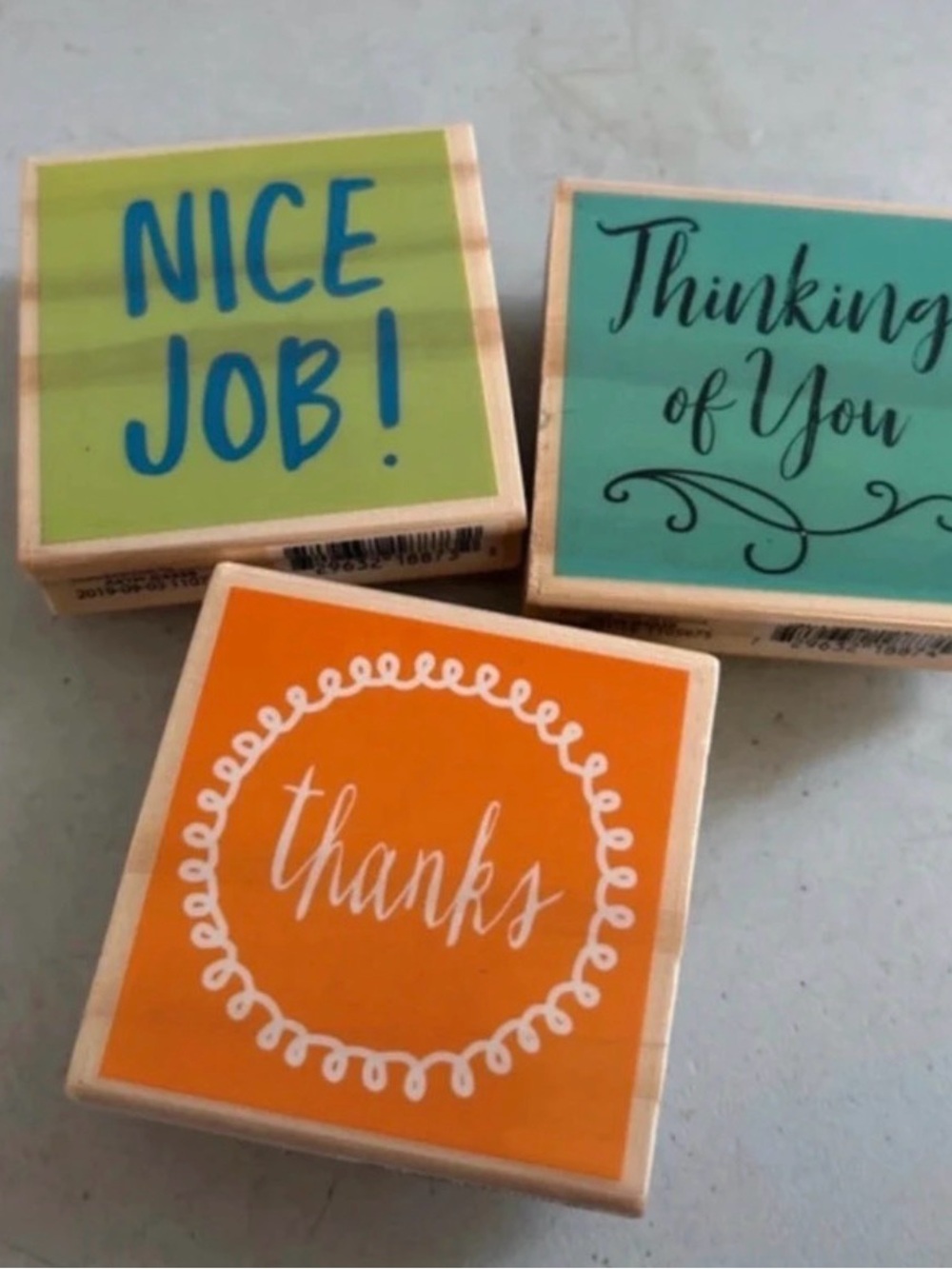 Set of Colorful Sentiment Wood Stamps - Orange, Green, Teal